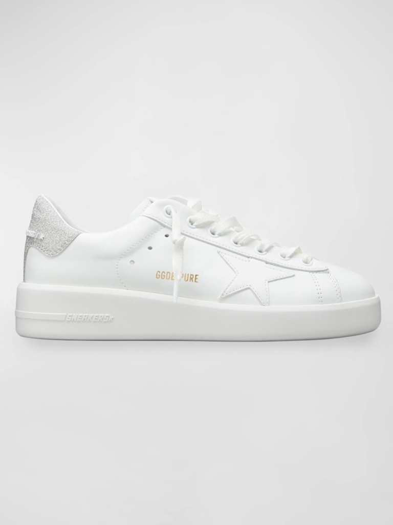 Golden Goose Pure Star White Leather Sneakers Silver Glitter Heel Eu 35 Us 5